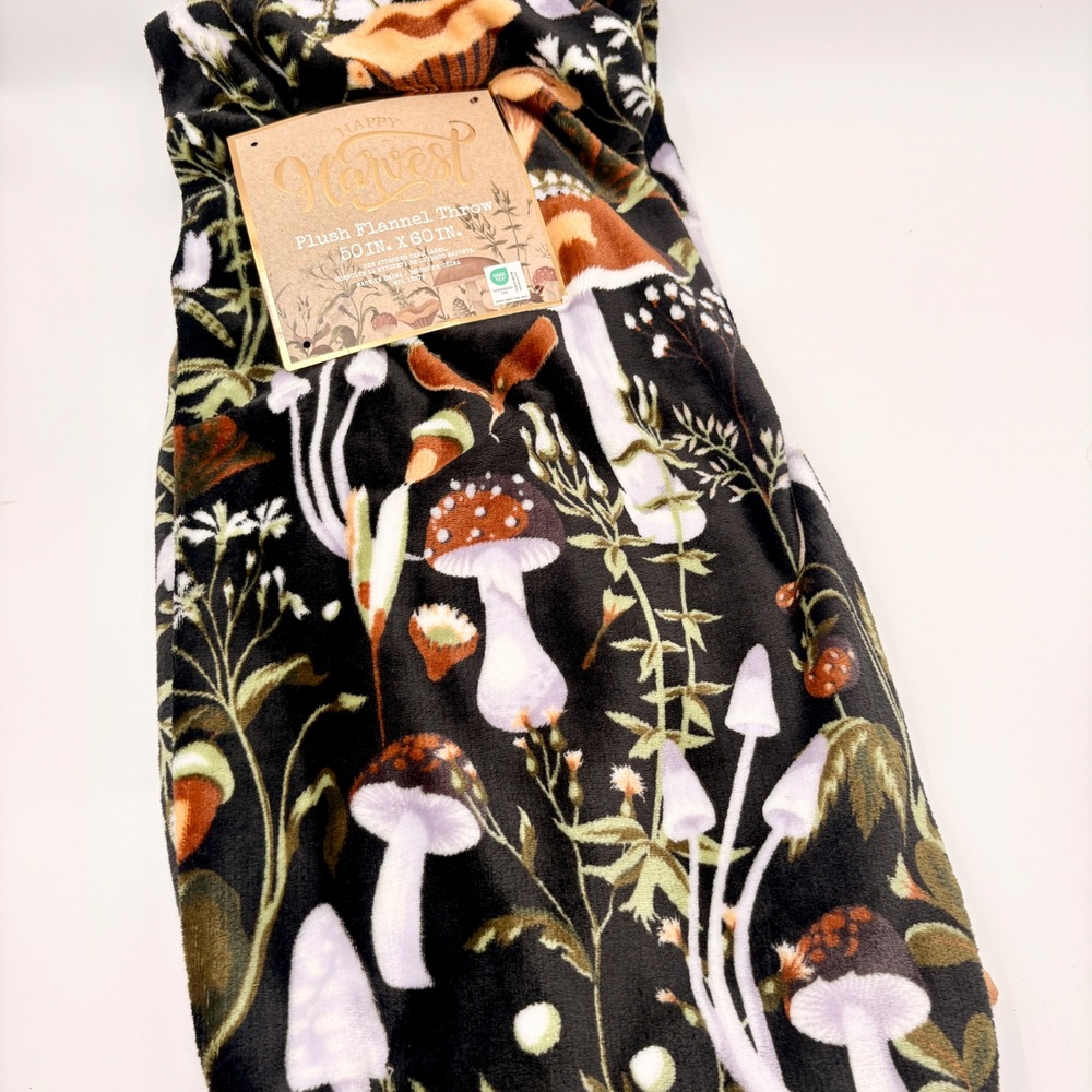 Happy Harvest Mushroom Plush Flannel Throw Blanket Black Botanical 50x60 Fall